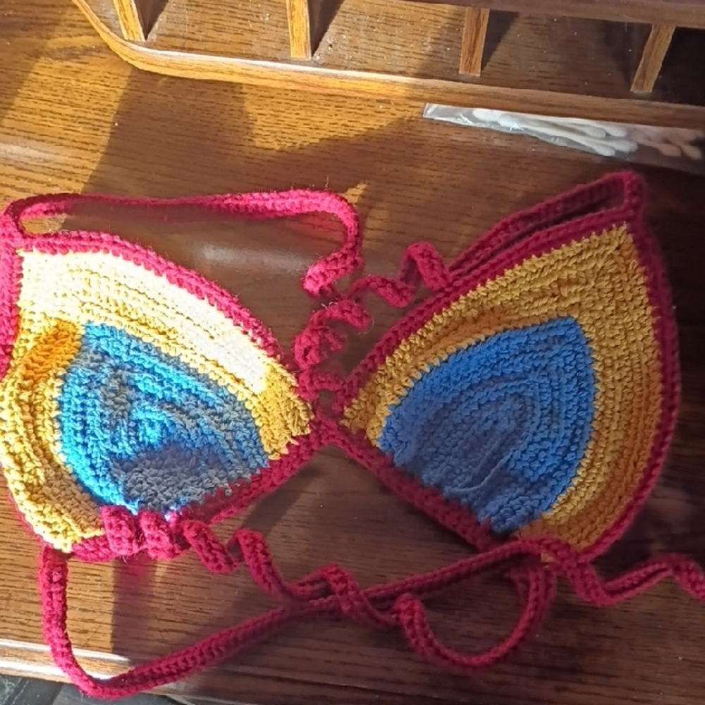 Handmade Crochet Multicolor Triangle Bikini Top - Blue, Yellow, Red
